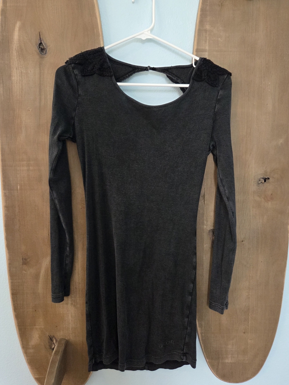 Billabong Black Long-Sleeve Mini Dress with Lace Shoulder Detail